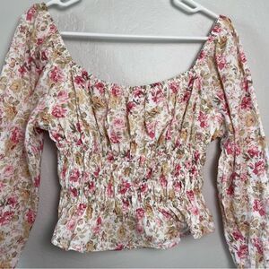 Lucca Pink Floral Smocked Off-Shoulder Blouse M | Romantic Cottagecore Soft Girl